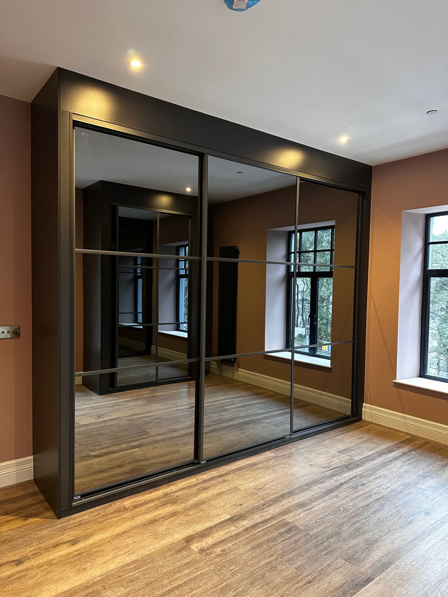 Full-height black-framed mirror doors with horizontal bars in Newport