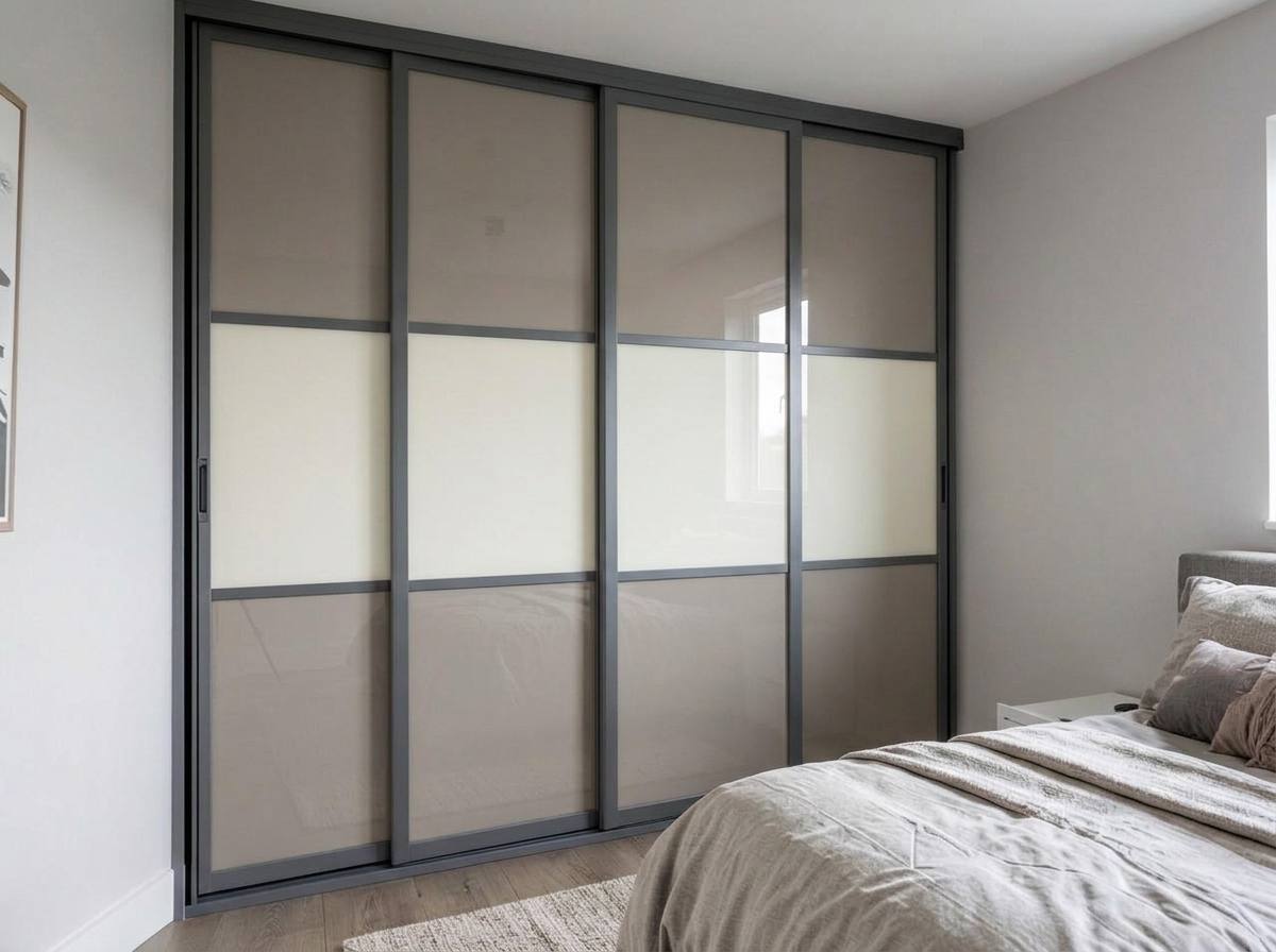 A South Wales bedroom with opaque multi-coloured glass sliding wardrobe doors in taupe and ivory
