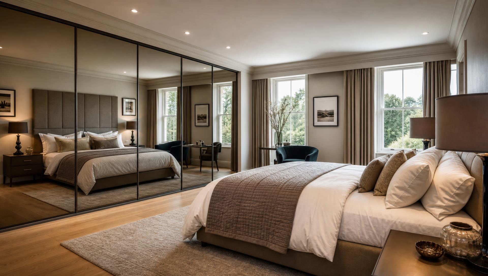 Bedroom in a South Wales home fitted with floor-to-ceiling mirrored sliding wardrobe doors